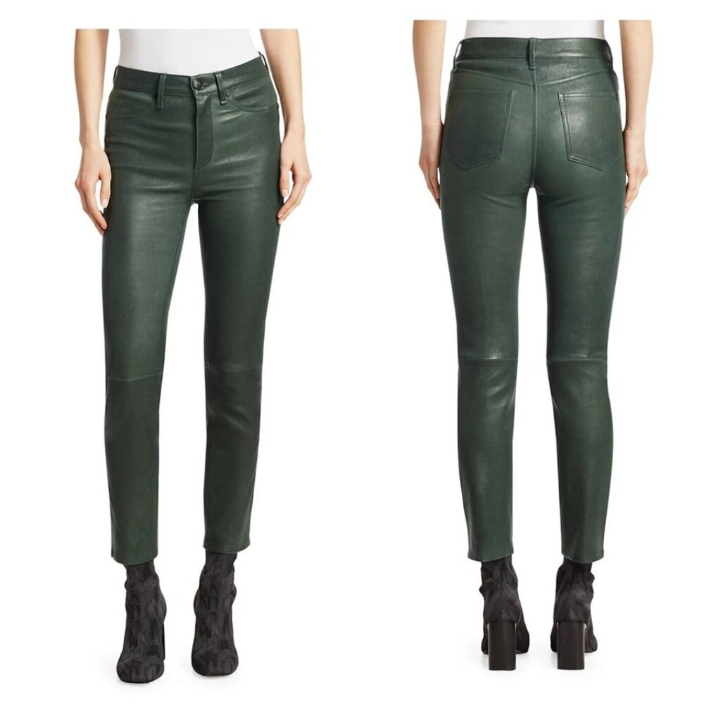 Rag & Bone Ankle Skinny Leather Cigarette Pants In Bottle Green